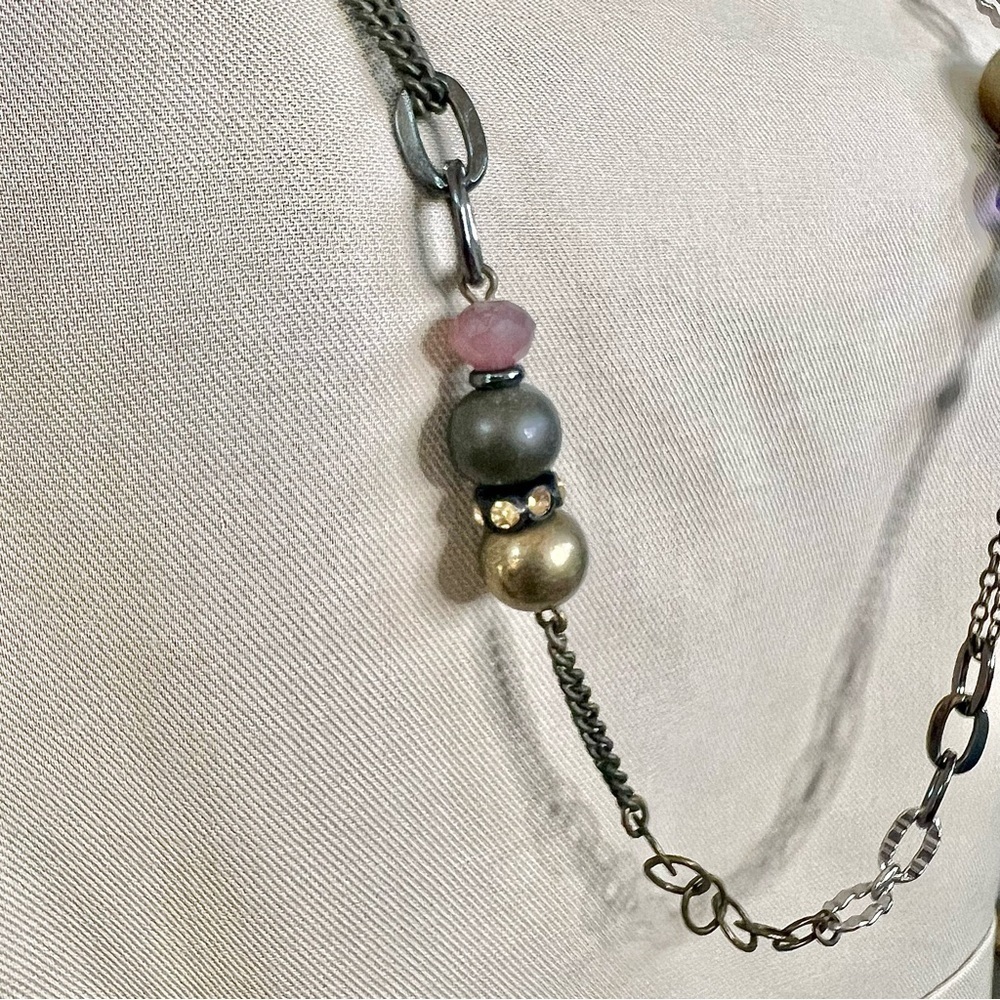 Loft Long Mixed Metal Chain Link Necklace with Beads & Gems Pink - Picture 4 of 5